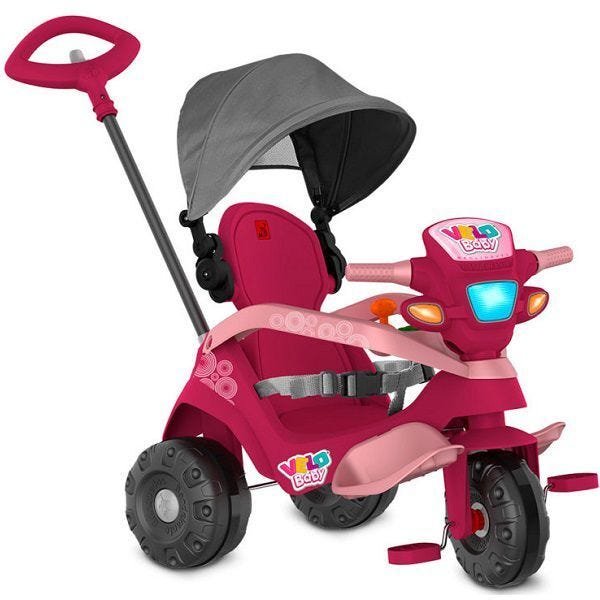 Triciclo Velobaby Reclinavel com Capota Passeio e Pedal PINK Bandeirante 339 - 1