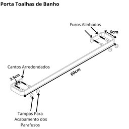 Porta Toalha De Banho Para Banheiro Preto Fosco Plus 60cm - 3