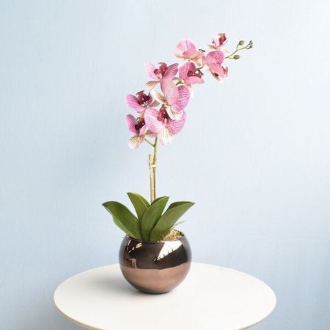 Arranjo de Orquídea Artificial Rosa 3D no Vaso de Vidro Bronze Médio
