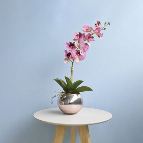 Arranjo de Orquídea Artificial Rosa 3D no Vaso de Vidro Rose Gold Médio