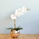 Ver imagem 1 de Arranjo Artificial de Orquídea de Silicone Branca no Vaso Rose Gold Pequeno