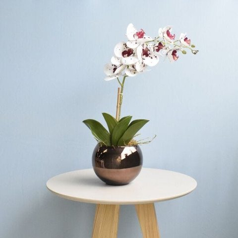 Arranjo de Orquídea Artificial Tigre 3D no Vaso de Vidro Bronze Médio