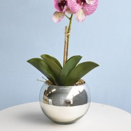Arranjo de Orquídea Artificial Rosa 3D no Vaso Prateado Médio - 3