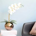 Ver imagem 1 de Arranjo de Orquídea Artificial Branca 3D no Vaso de Vidro Bronze Médio