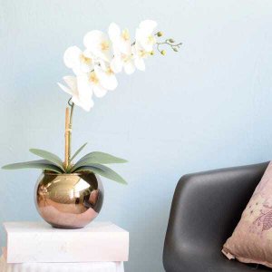 Arranjo de Orquídea Artificial Branca 3D no Vaso de Vidro Bronze Médio