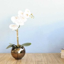 Arranjo de Orquídea de Silicone Branca no Vaso de Vidro Bronze Pequeno - 1