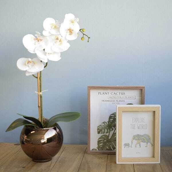 Arranjo de Orquídea de Silicone Branca no Vaso de Vidro Bronze Pequeno |  MadeiraMadeira