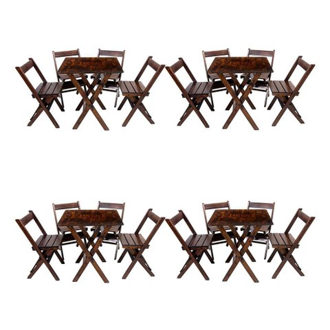 Kit 4 Conjuntos de Mesa Dobrável 60x60cm com 4 Cadeiras em Madeira Maciça - Imbuia - Marrom