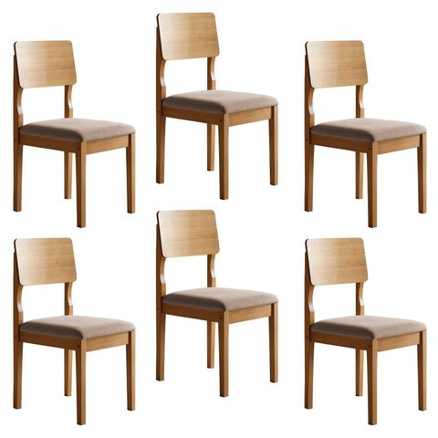 Kit 6 Cadeiras para Sala de Jantar Pés Madeira Maciça Ana Marrom/Cinamomo/Veludo Bege