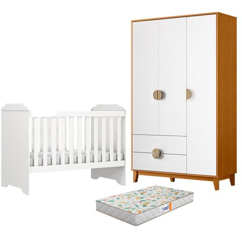 Berço Americano Mini Cama Mel com Colchão Gazin com Guarda Roupa Ipê 3 Portas Branco Cinamomo -Móvei