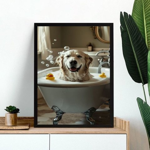 Quadro Divertido de Banheiro - Cão Labrador Banho 24x18cm - com Vidro:moldura Preta