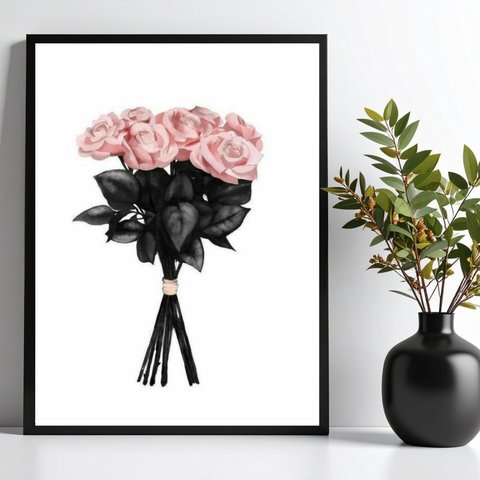 Quadro Fashion Flores Rosa e Preto 24x18cm:moldura Branca