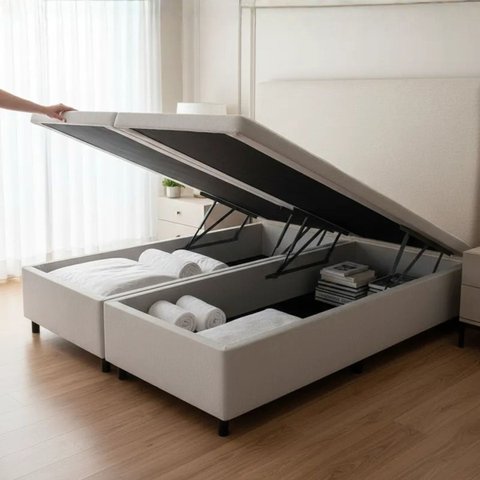 Cama Box Baú Queen 158x198x42cm Courino Linho com Pistão a Gás