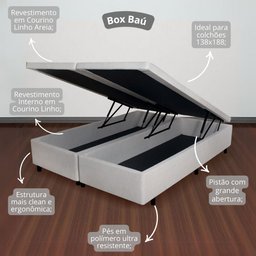 Cama Box Baú Queen 158x198x42cm Courino Linho com Pistão a Gás - 5 Cama Box Baú Queen 158x198x42cm Courino Linho com Pistão a Gás - 5