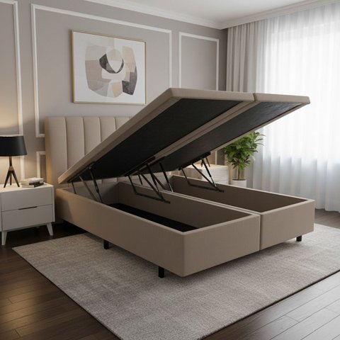 Cama Box Baú Queen 158x198x42cm Courino Linho com Pistão a Gás