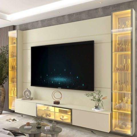 Home para TV Luminare 2 Cristaleiras LED Vidro Reflecta 100% MDF Off White - Gelius