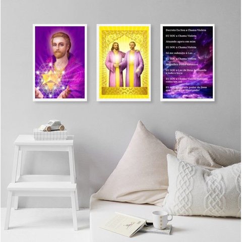 Kit 3 Quadros Saint Germain e Jesus Cristo 45x34cm:madeira Preta