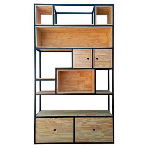 Estante Industrial Ferro Cor Preta e Madeira Cor Marítimo - com Nichos, Prateleiras e Gavetas