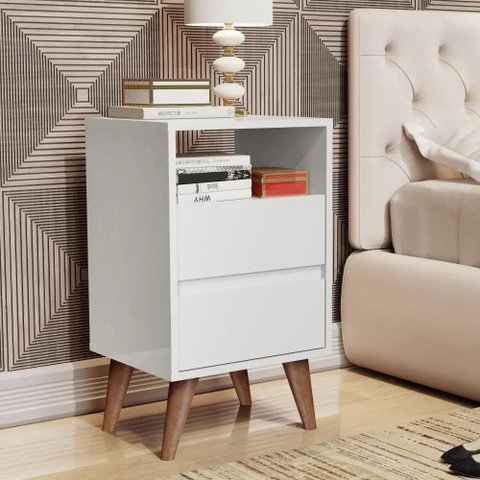 Mesa de Cabeceira Retrô Pés Palitos 2 Gavetas -lotus- Cm - Branco