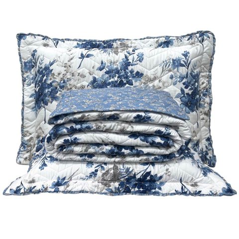 Cobre Leito King Confort Print Micropercal 300 Fios Toque de Algodão 3 Peças - Flores Azuis - 100% P