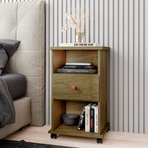 Mesa de Cabeceira Otto 1 Gaveta e Rodízios – Amendoa Wood – Móveis Primus