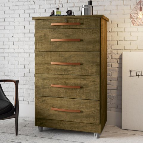 Cômoda Emas 5 Gavetas com 1 Chave – Amendoa Wood – Móveis Primus