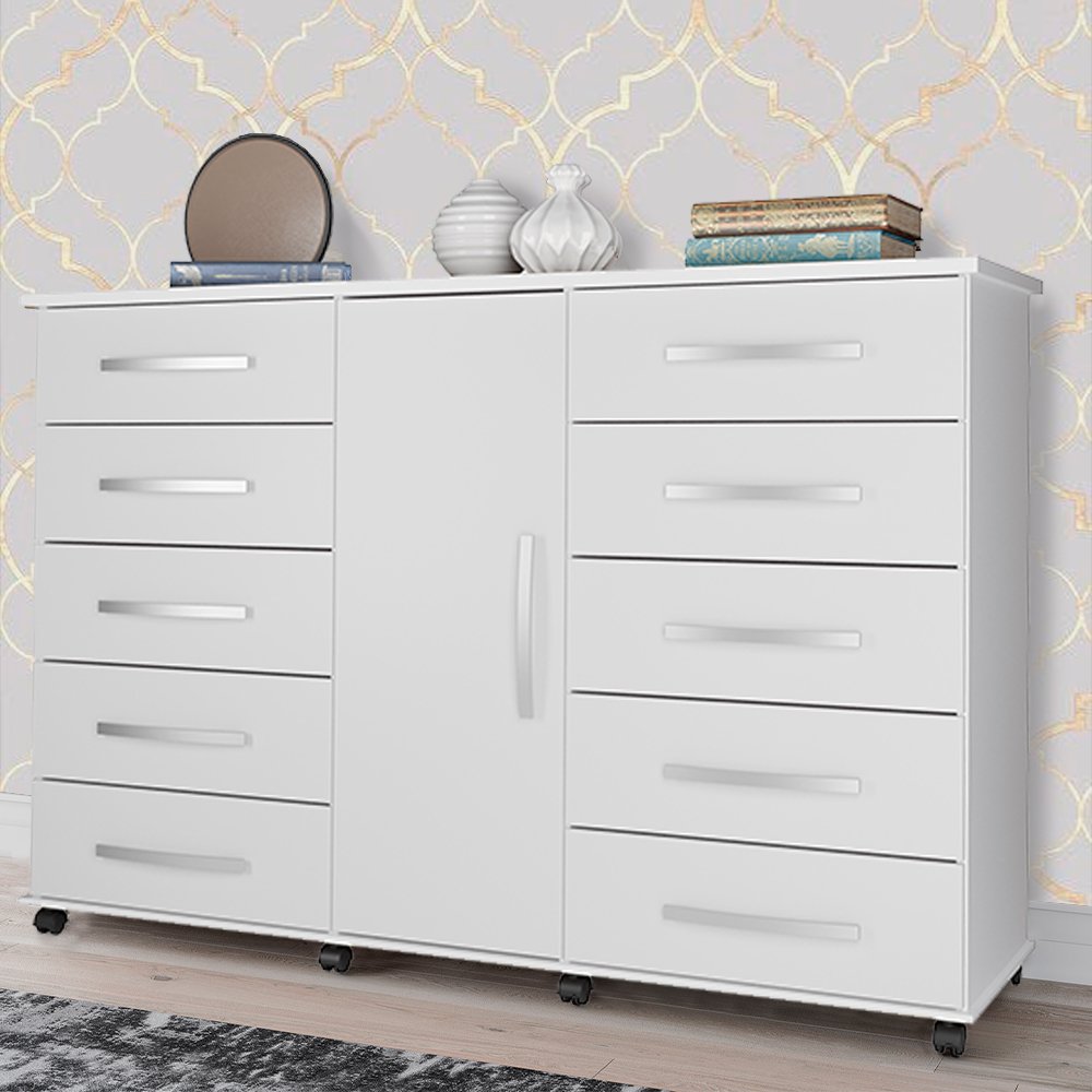Cômoda com Porta 10 Gavetas Pés Rodízios Titan – Branco – Móveis Primus ...