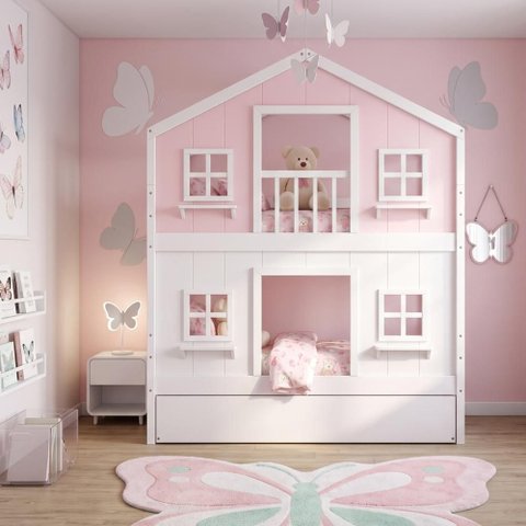 Treliche Infantil Casinha Dos Sonhos com Fechamento Inferior Branco em Madeira Maciça Rosa | Branco