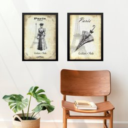 Kit 2 Quadros Vintage Paris - Moda Antiga 33x24cm - com Vidro:moldura Branca - 1