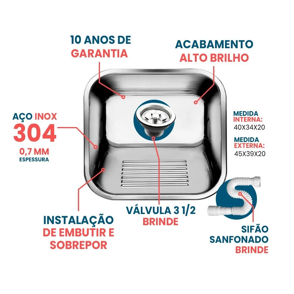 Tanque Inox 40x34 Pequeno - Sobrepor e Embutir - As 304 - 2