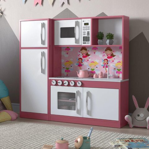 Armário Infantil Aquarel Cozinha com Refrigerador Lux 5 Portas MDF 15mm 114cm Branco e Rosa