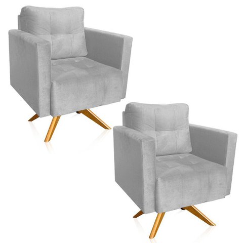 Kit 2 Poltronas Giratória Livia Suede Cinza Base de Madeira Ma30 - D'Rossi
