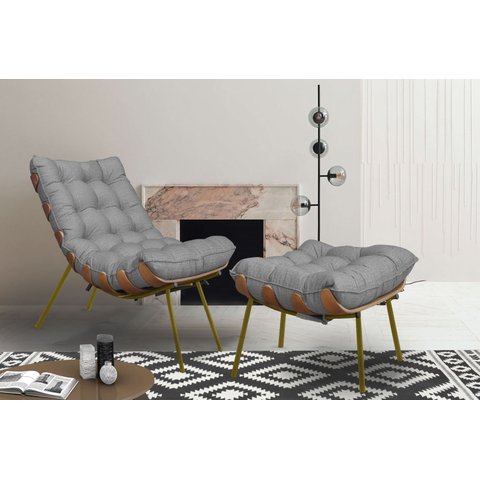 Poltrona Costela com Puff Adão Dourado Mad-Veludo Cinza Jotabe