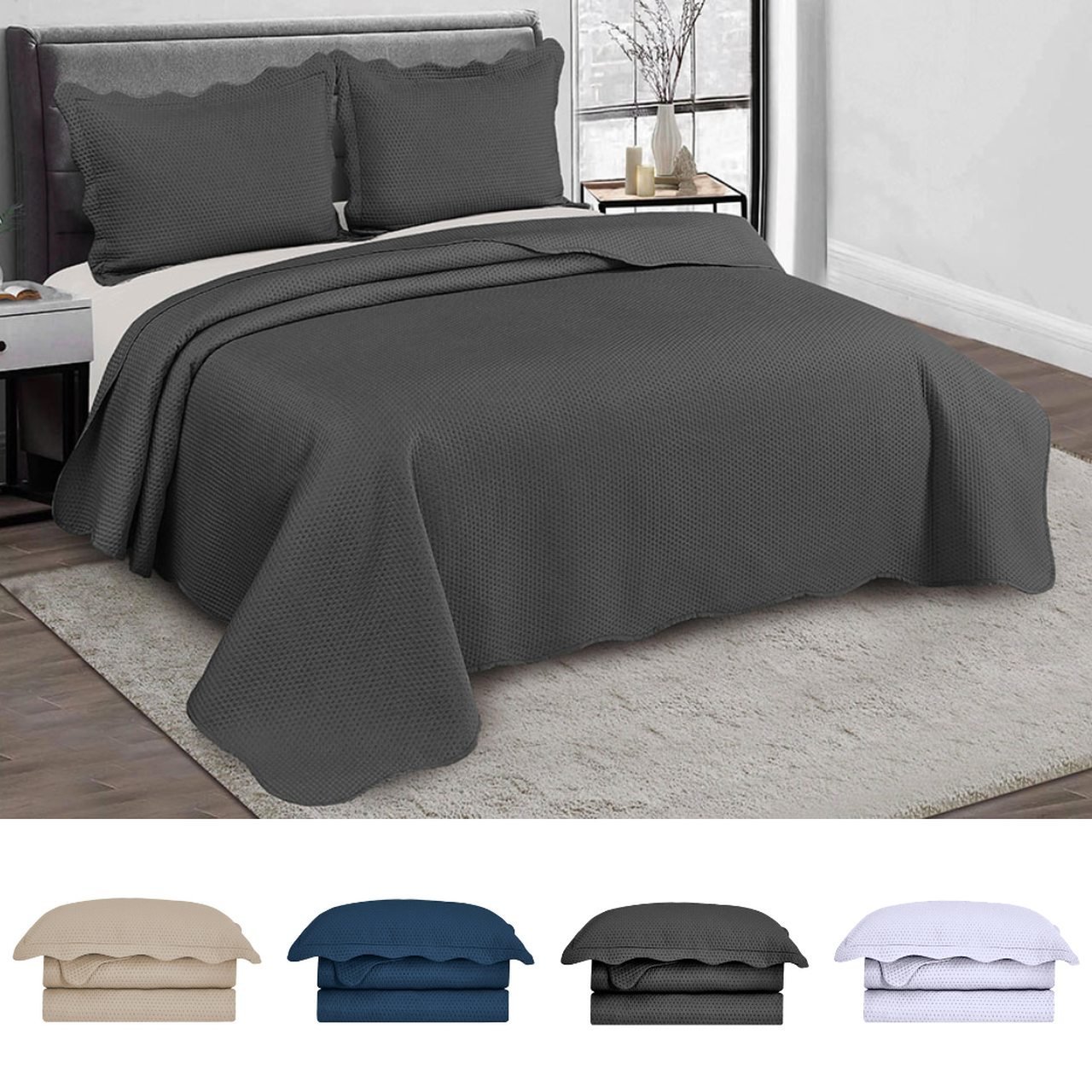 Cobre Leito Queen Roupa De Cama Colcha Kit 3 Peças - Chumbo