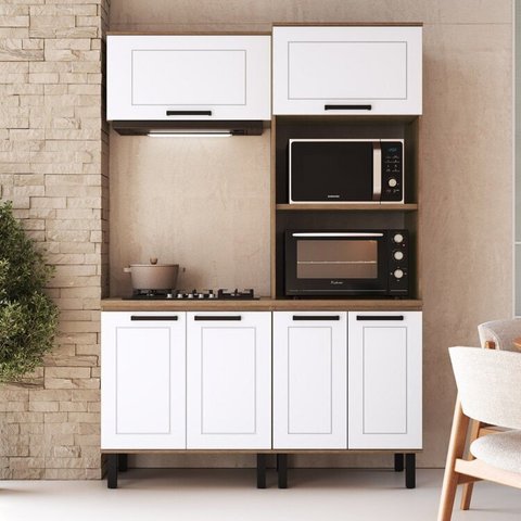 Cozinha Modulada Provençal 4 Peças Balcão, Tampo, Armário Basculante e Torre Quente Branco/Jequitibá