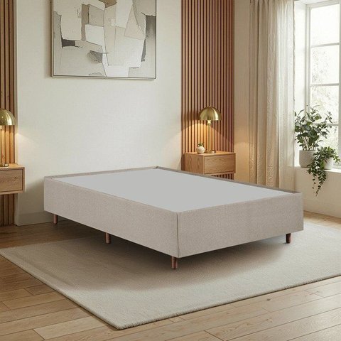 Cama Box Casal Estofada em Madeira Maciça Base Reforçada Santorini Espresso Móveis Bege/Linho
