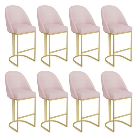 Kit 08 Banquetas Altas Bela Suede Base Metálica Industrial Dourado - Pallazio Cor:Rosa Bebê