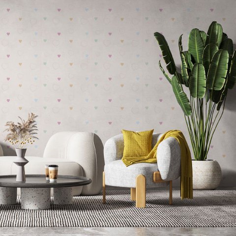 Papel de Parede Casual Branco com Corações Gh Papel de Parede 2,2m