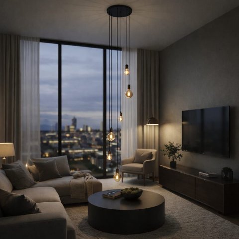 Lustre para Sala Pratic 6 Lâmpadas Preto Pé Direito Alto