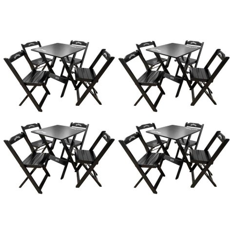Kit 4 Conjuntos Mesa Dobrável Madeira 70x70 com 4 Cadeiras Personalizada Jack Preta - Tarimatã