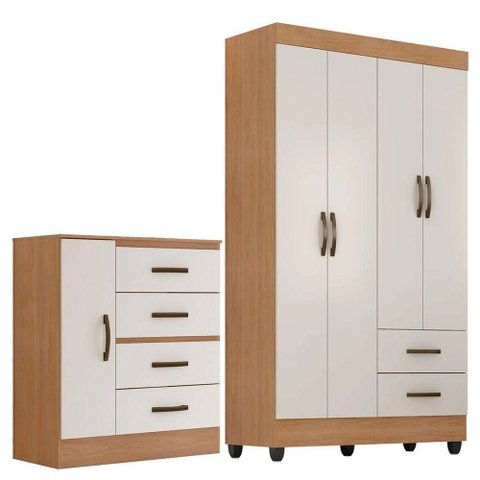 Kit Guarda-roupa Solteiro 4 Portas com Cômoda Sapateira Lisa Nature/off White