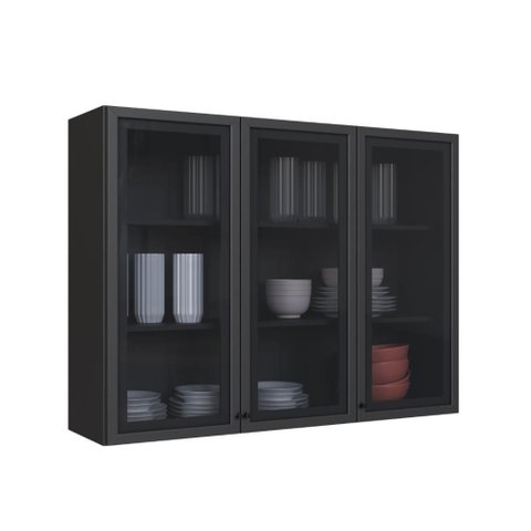 Armário Aéreo Modulado com Vidro Fidelitá Mônaco 120cm 3 Portas Chumbo/Titânio