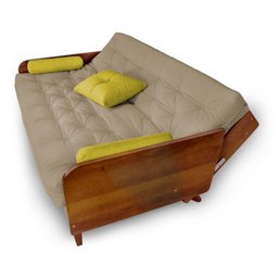 Sofá Cama Paris Sarja Bege Claro Madeira Nobre Cor Imbuia - 3 Sofá Cama Paris Sarja Bege Claro Madeira Nobre Cor Imbuia - 3