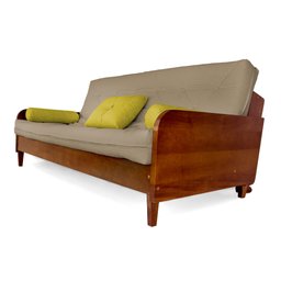 Sofá Cama Paris Sarja Bege Claro Madeira Nobre Cor Imbuia - 1 Sofá Cama Paris Sarja Bege Claro Madeira Nobre Cor Imbuia - 1