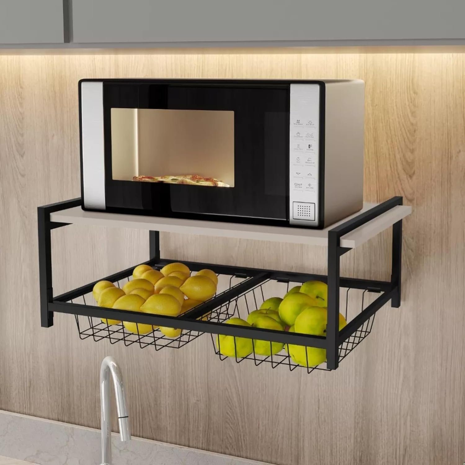 Fruteira de Parede com Suporte para Micro-ondas 2 Cestos Aço Preto Estilo Industrial Elegante Cozinh