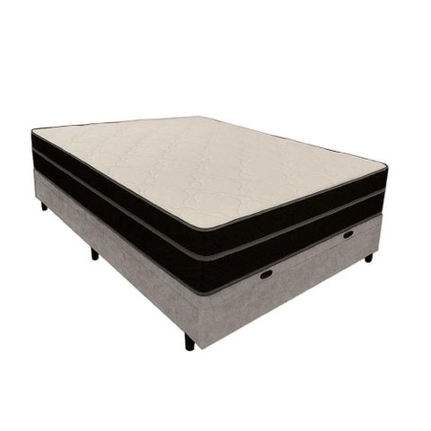 Cama Box Baú Casal 138 Suede Cinza com Colchão Paris Molas Ensacadas Preto 56x138x188