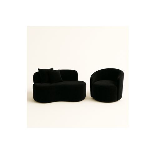 Conjunto 01 Poltrona + Sofá Curvo Orgânico Nature Gaia Suede Preto - Montanaris Decor