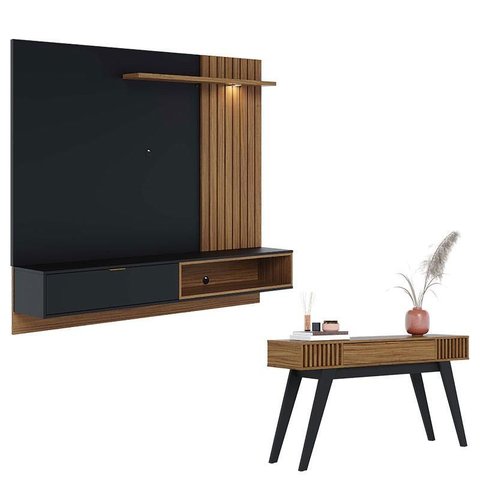 Painel para Tv Home Suspenso Tocantins 1.8 Preto Acetinado Noce Milano com Aparador para Sala Rivier