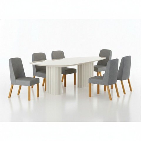 Conjunto Sala de Jantar Ísis 2,00m com 6 Cadeiras Tampo Orgânico Off White c/ Vidro Off White/Linho