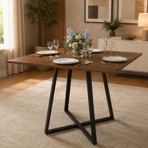 Mesa Quadrada Santorine 90cm Industrial MDF e Base de Aço Jantar e Reunião Freijó/Preto - Lh Móveis
